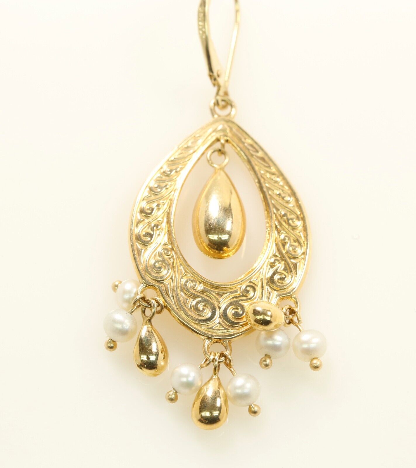 14K Yellow Gold Dangles Small Pearl Earring Hangs 2”