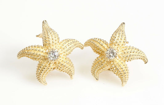 Diamond Star Fish Earrings 1” Across 14K Yellow Gold 11.53 Grams