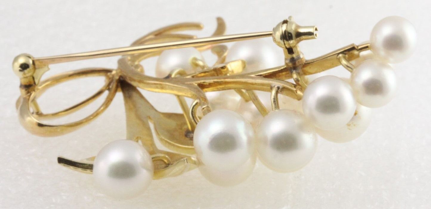 Mikimoto Vintage Pearl Brooch 14K Yellow Gold 2" + Length