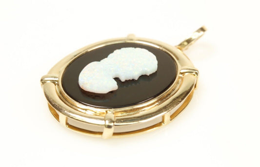 Carved Opal Woman on Black Onyx Large 14K Yellow Gold Pendant Enhancer Bail