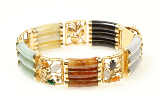 Heavy Multi-Color Jade Bracelet 14K Yellow Gold 51 Grams 7.25”