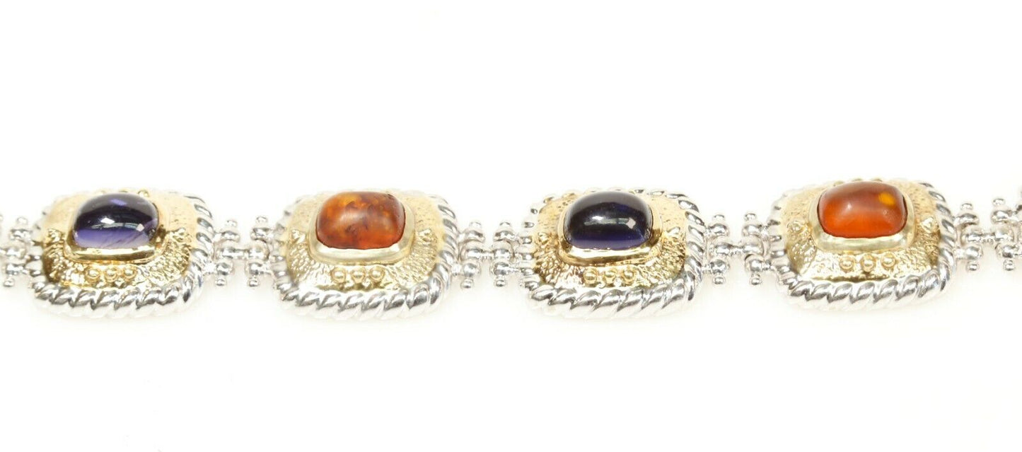 Heavy Iolite and Amber Bracelet 14K 2-Tone 54 Grams 7.5” Long