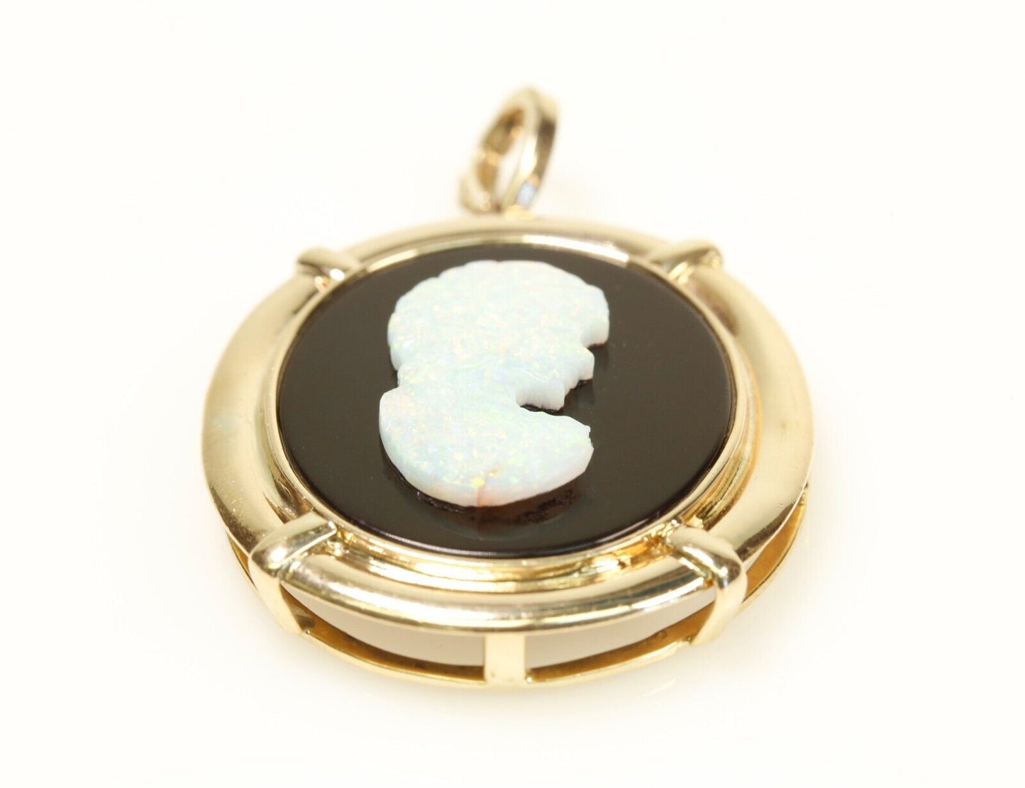 Carved Opal Woman on Black Onyx Large 14K Yellow Gold Pendant Enhancer Bail