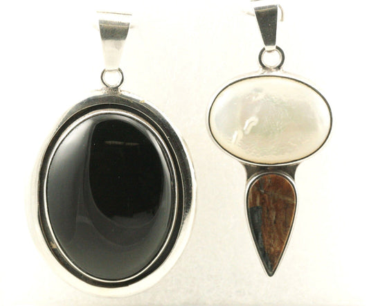 Charles Albert Fine Sterling Onyx & Mother Of Pearl Pendants Handcrafted Mexico