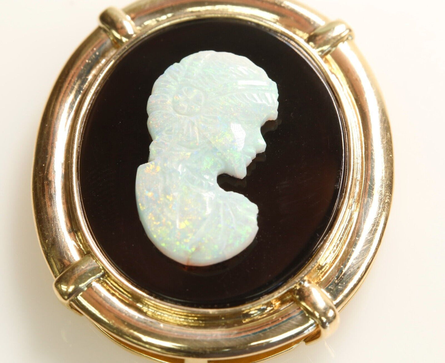 Carved Opal Woman on Black Onyx Large 14K Yellow Gold Pendant Enhancer Bail