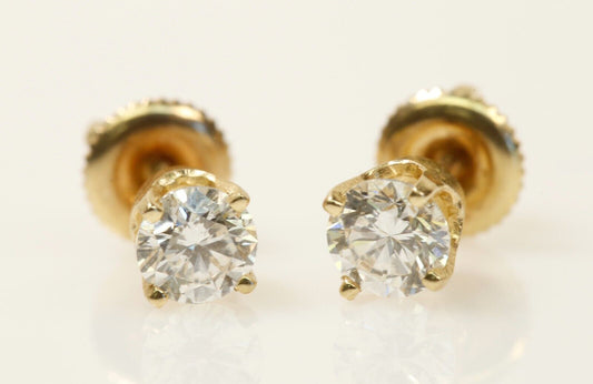 Near 1.00 Carat TW Diamond Stud Earrings 14K Yellow Gold 4 Prong Screw-Back