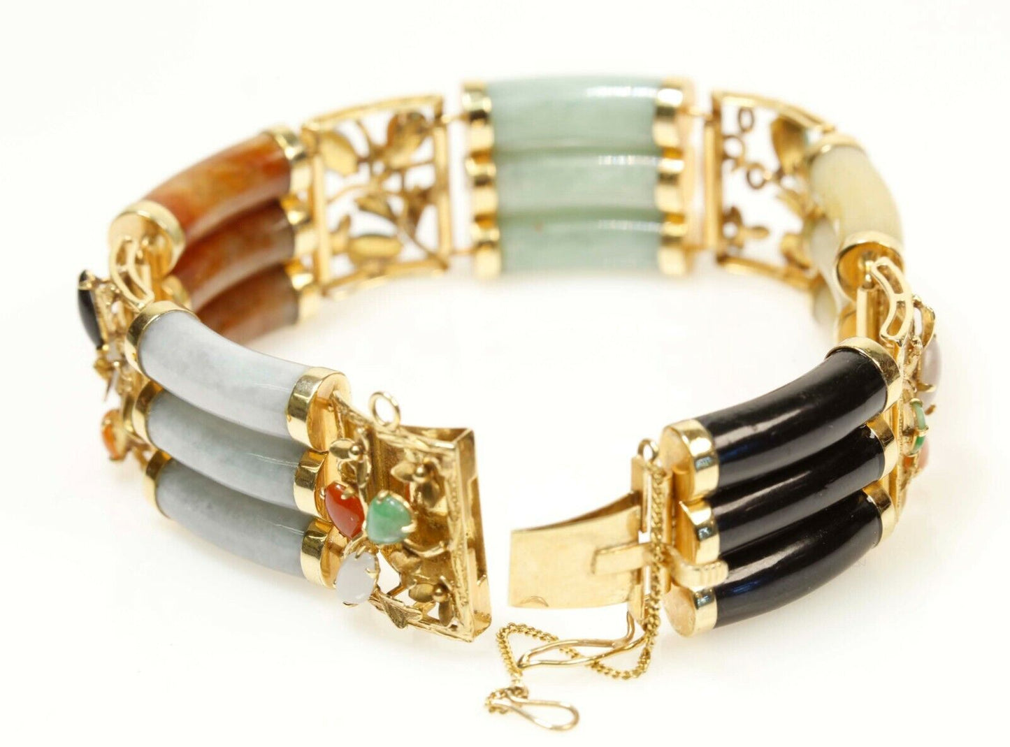 Heavy Multi-Color Jade Bracelet 14K Yellow Gold 51 Grams 7.25”