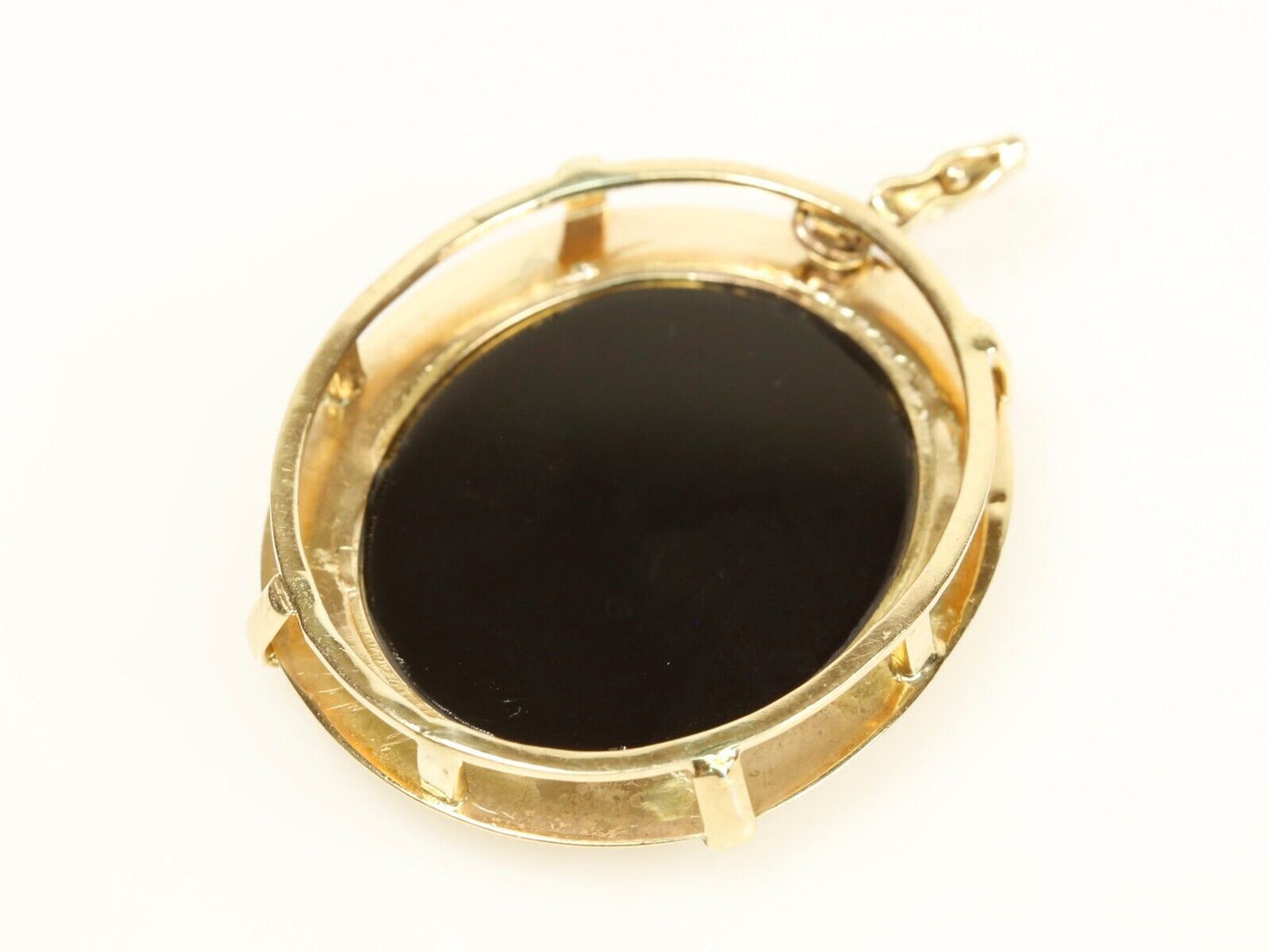 Carved Opal Woman on Black Onyx Large 14K Yellow Gold Pendant Enhancer Bail