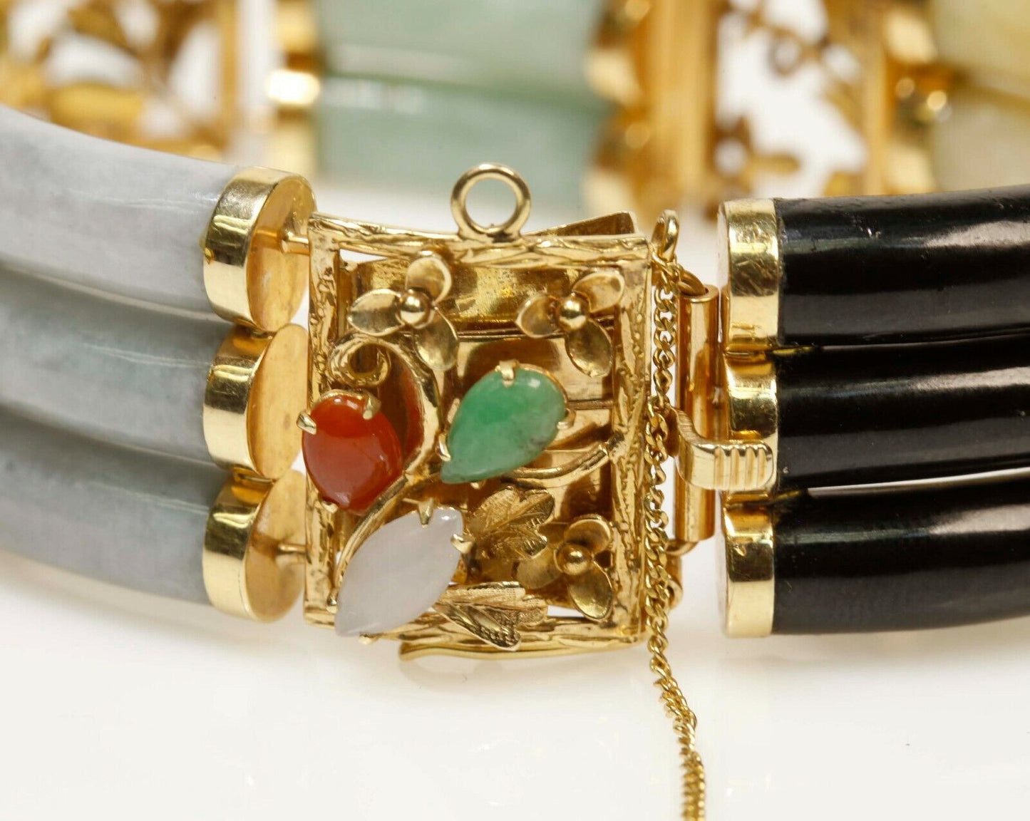 Heavy Multi-Color Jade Bracelet 14K Yellow Gold 51 Grams 7.25”