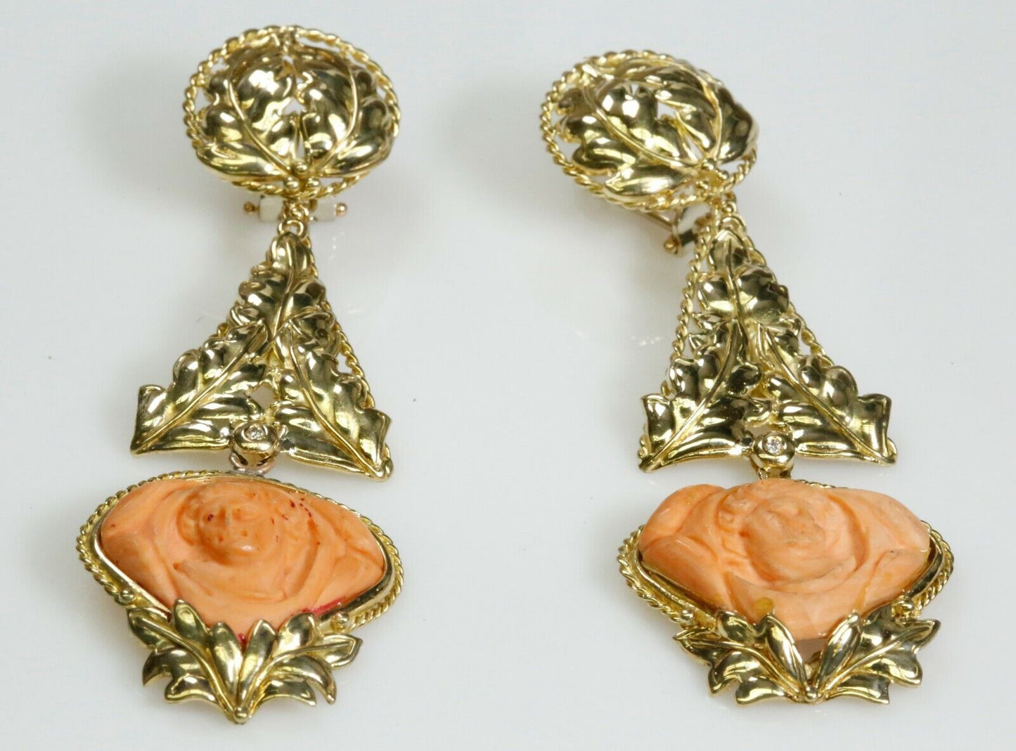 Carved Coral Large 18K Yellow Gold Dangle Earrings Wholesale 36 Grams