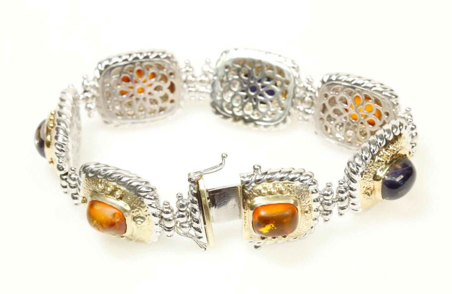 Heavy Iolite and Amber Bracelet 14K 2-Tone 54 Grams 7.5” Long