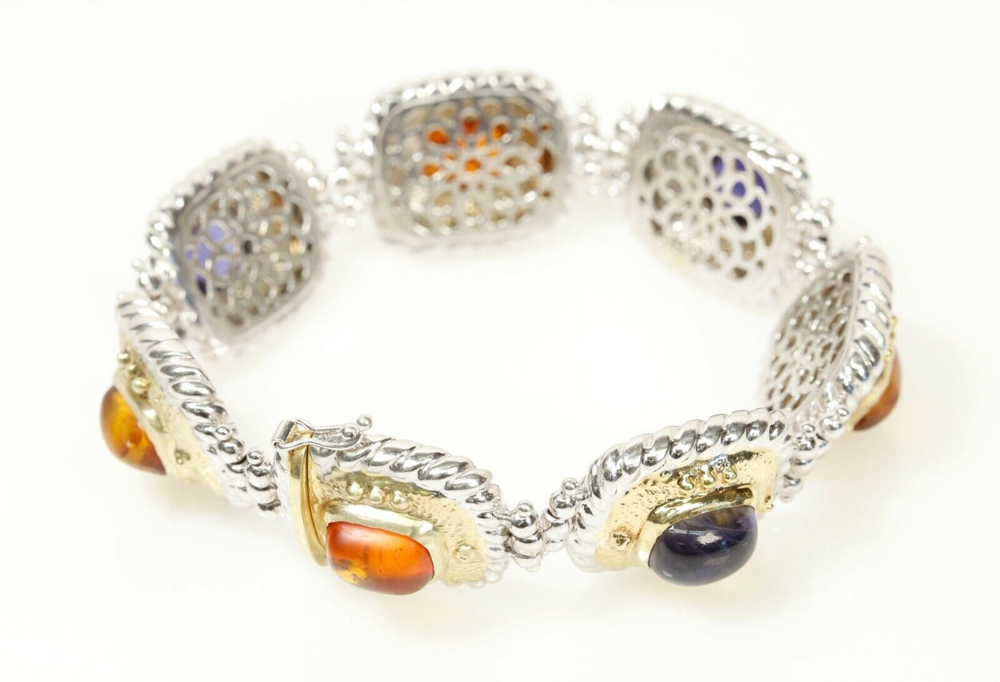 Heavy Iolite and Amber Bracelet 14K 2-Tone 54 Grams 7.5” Long