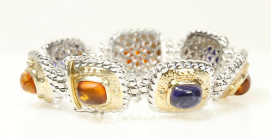 Heavy Iolite and Amber Bracelet 14K 2-Tone 54 Grams 7.5” Long