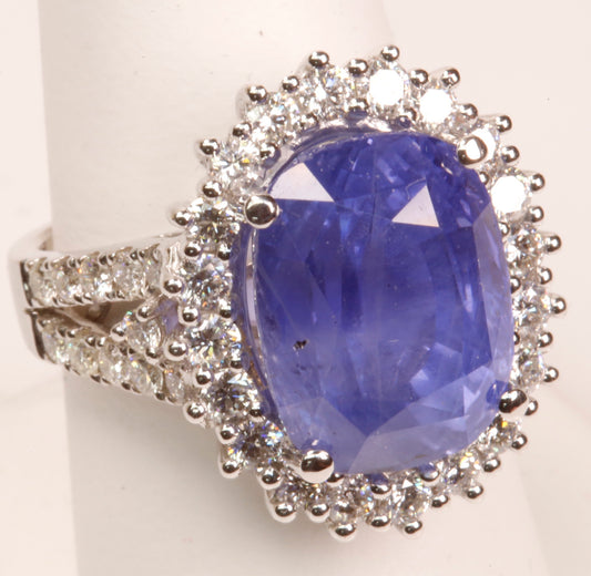 Large Unheated Sapphire and Diamond 18K White Gold Ring Size 7 S6730
