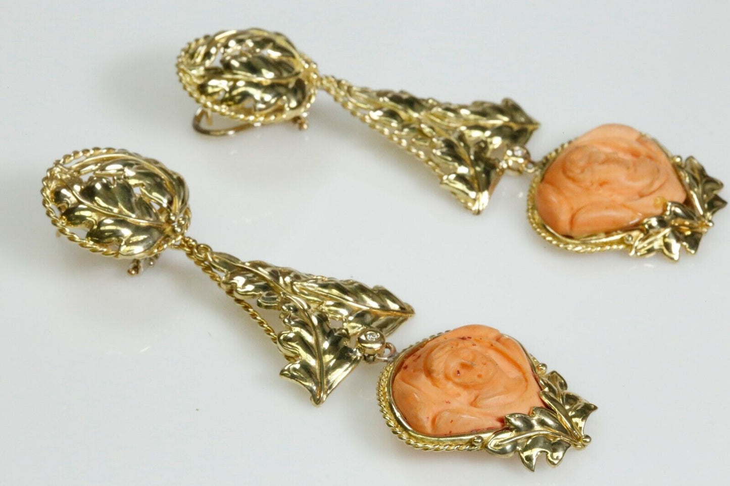 Carved Coral Large 18K Yellow Gold Dangle Earrings Wholesale 36 Grams