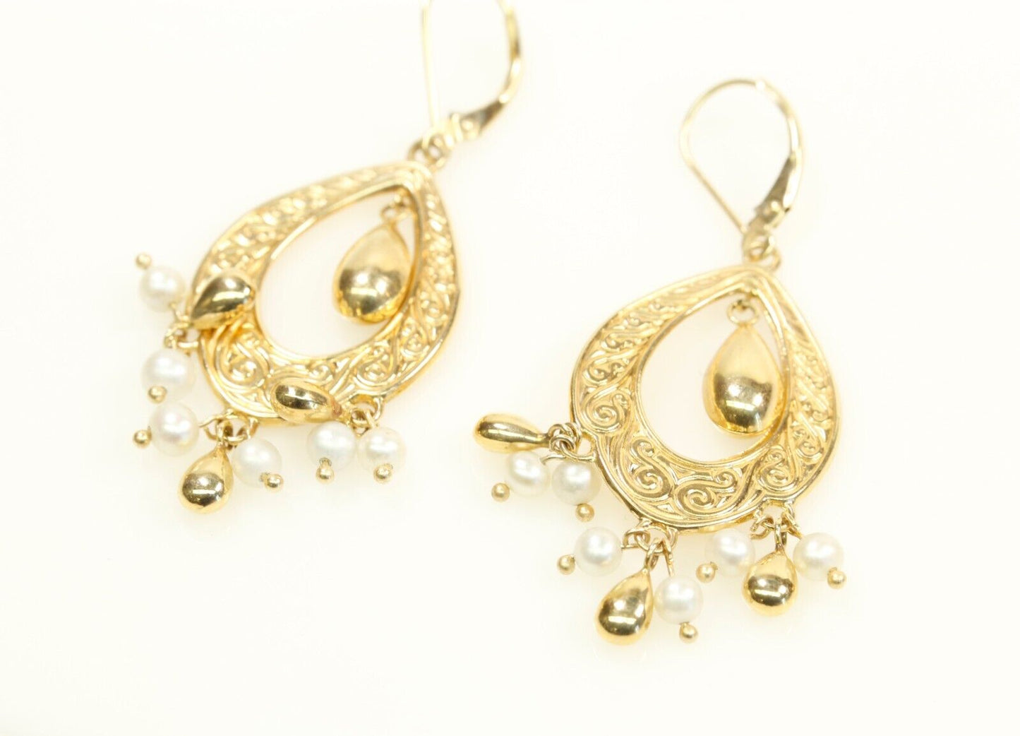 14K Yellow Gold Dangles Small Pearl Earring Hangs 2”