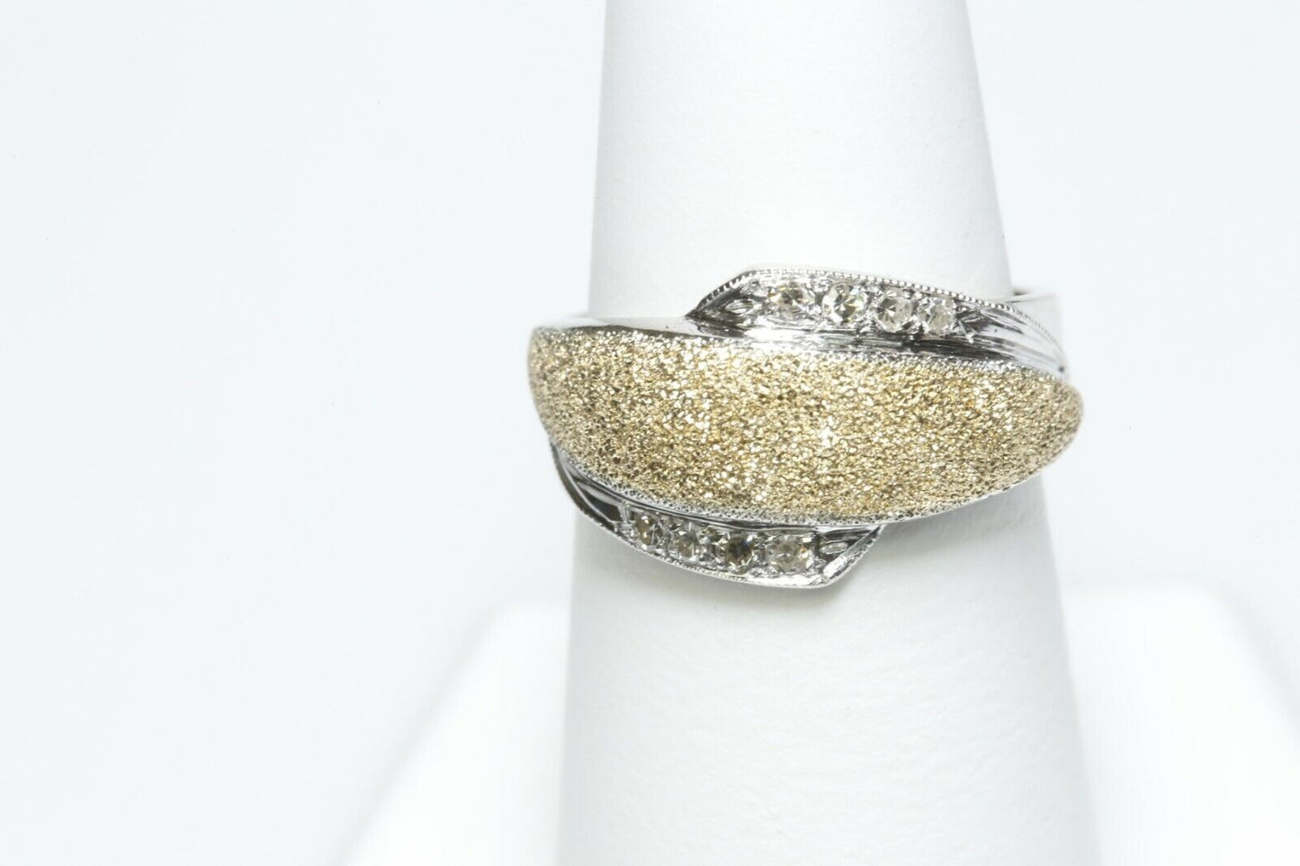 Diamond Band Bypass 14K Yellow and White Gold Textured Size 7